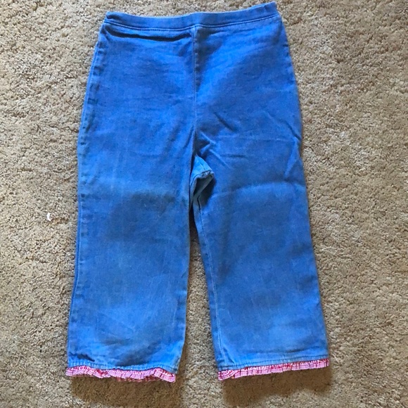 Denim jeans w/ tiny red gingham ruffle on bottom - Picture 1 of 4